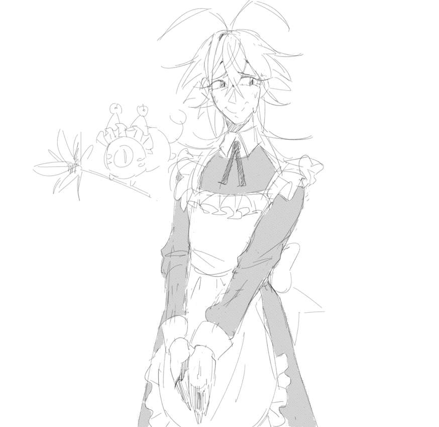 Digital sketch of a Vtuber Gavis Bettel of Holostars English in a maid dress with a frilly apron. His expression is nervous and he is visibly sweating, looking to the side. To the left of him is his companion Phantom, a small floating creature holding a feather duster and wearing a frilly maid headband. The image is not colored, aside from the dress, which appears gray because if a half-tone.