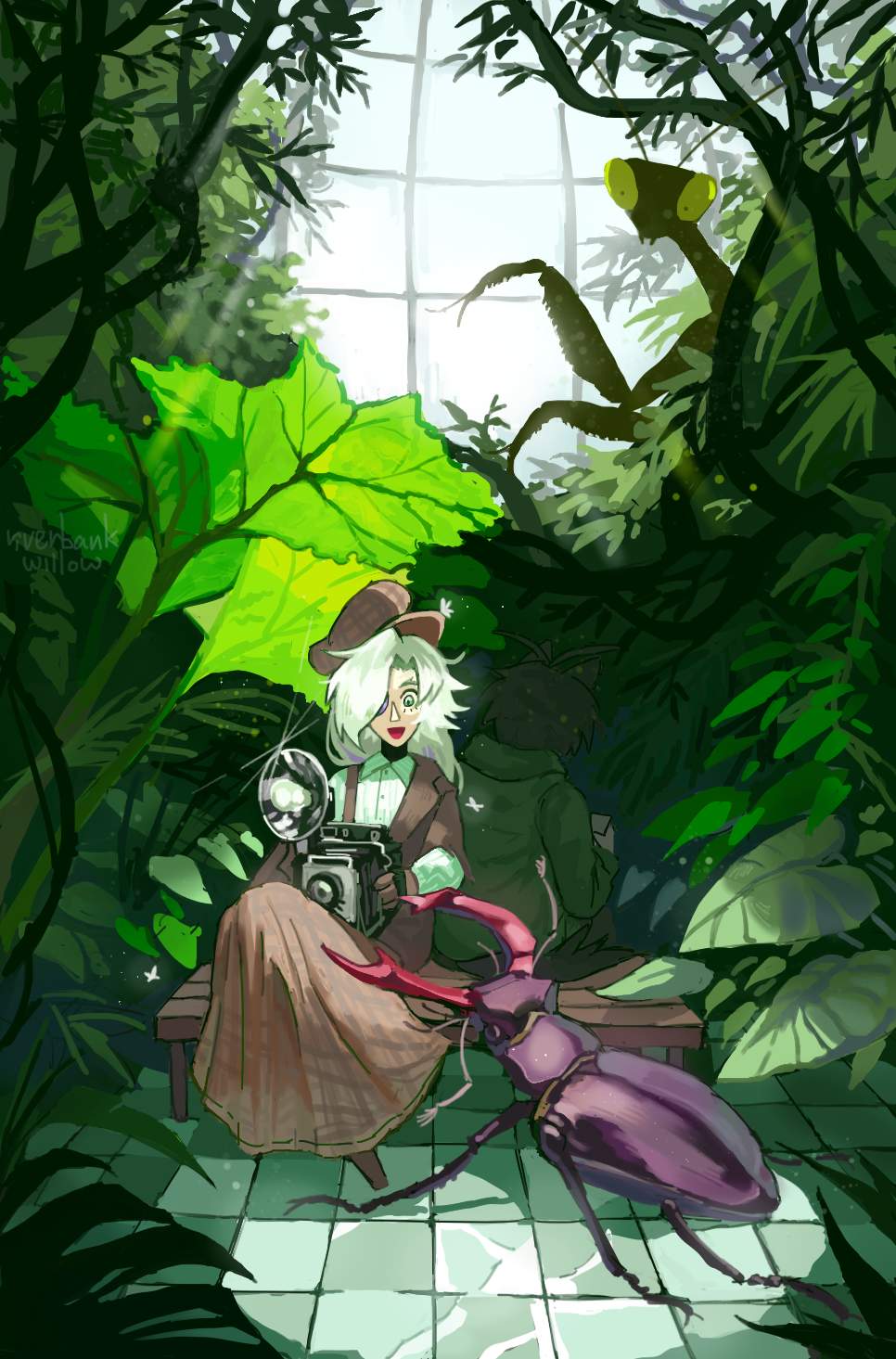 Digital artwork of a blue dragon with transparent rainbow bug-like wings. He is standing in a fast flowing river and is taking notes in a little book.