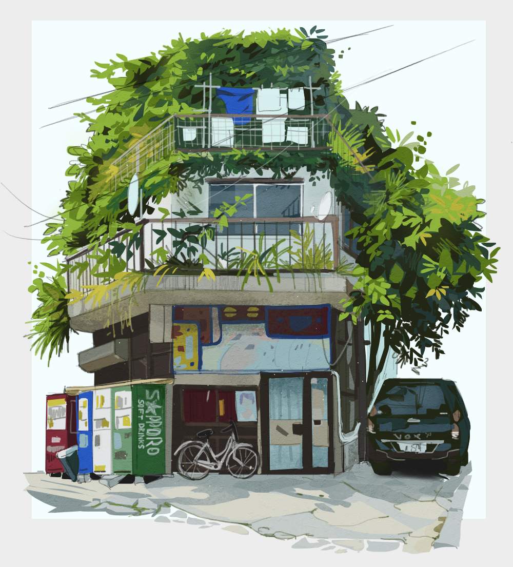 Digital image of an Asian urban overgrown building drawn from a reference photo and stylized, reducing detail. The building appears to be at least two stories tall, with the ground level being taken up by a store of some kind and the top level being residential. There are vending machines, a car and a bicycle around the building.