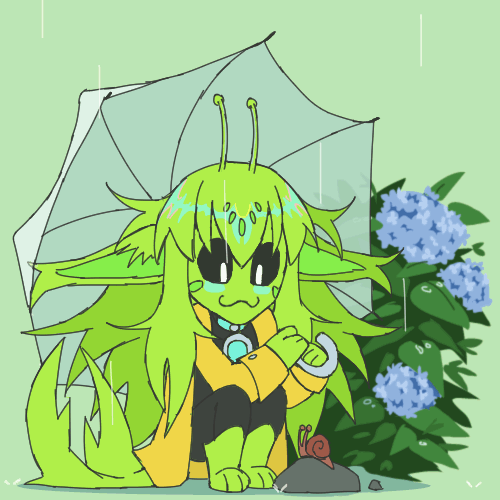 Cyto, the green fluffy alien mascot, crouching near a snail and communicating eith it via antennae. It is raining and Cyto is holding a transparent umbrella and wearing a yellow raincoat. There is a hydrangea shrub in the background.