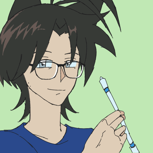 Animated gif of my persona character spinning a pen and smiling.